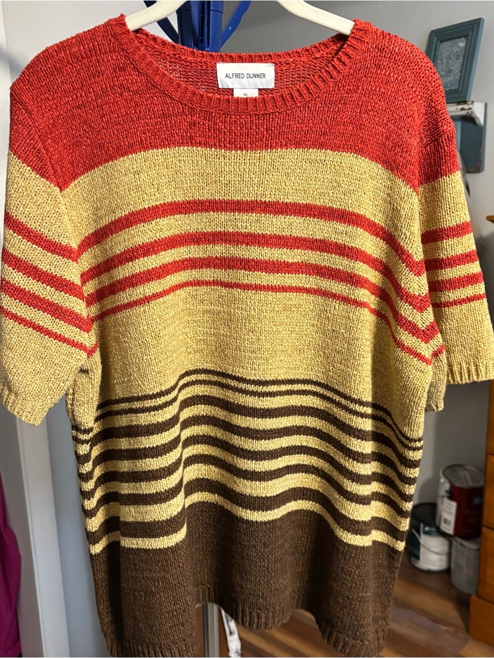 Alfred Dunner Red, Yellow & Brown Striped Short-Sleeve Sweater